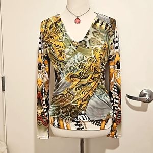 ELYSSE 26 equestrian feathers straps animal print top tunic brown green Sm. EUC